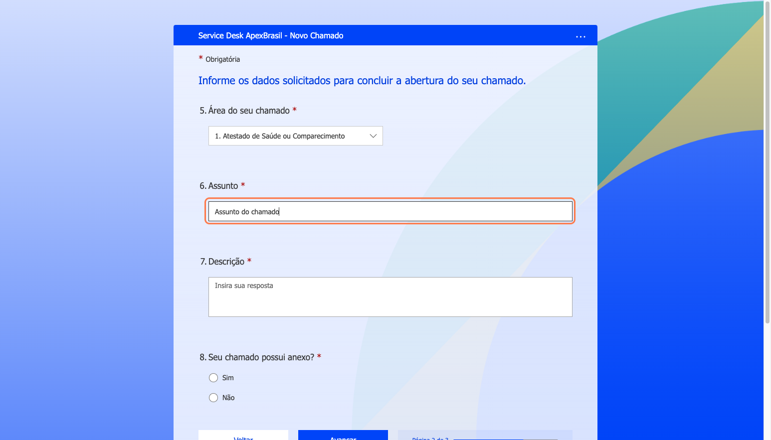 Escreva o assunto do chamado